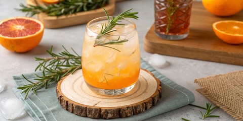 orangecitrus summer mocktail with ice and rosemary