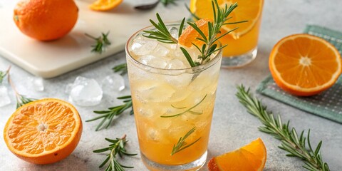 orangecitrus summer mocktail with ice and rosemary