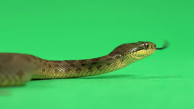 Green Tree Snake Portrait with Tongue Flick on Green Screen