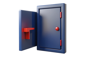 Open blue safe door with red handle and knob isolated on transparent background