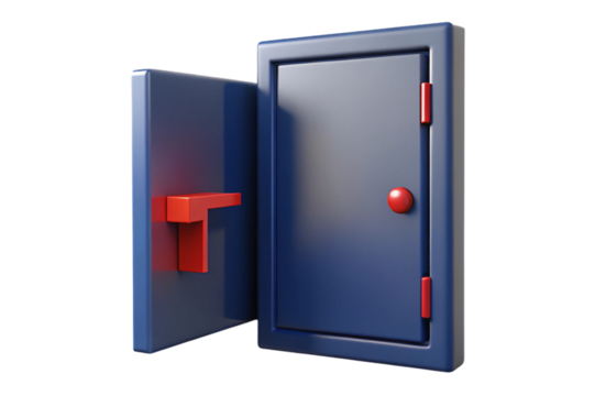 Open blue safe door with red handle and knob isolated on transparent background - Powered by Adobe