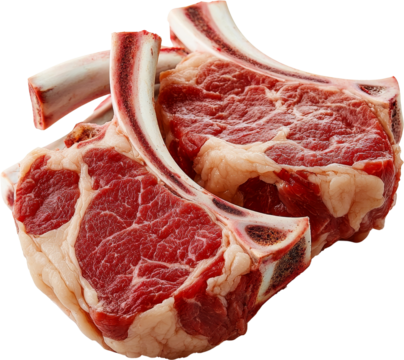 Fresh cuts of meat displayed in a raw state. Raw material.