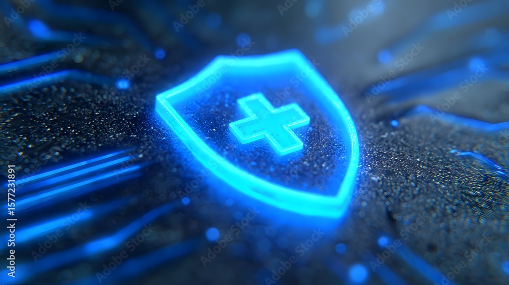 Poster glowing shield with cross symbol on circuit board background