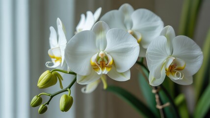 A close up shot of beautiful white orchid blossoms with yellow accents and green buds in soft light