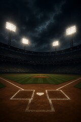 A dramatic sports stadium with bright lights illuminates the field under a cloudy, ominous sky.