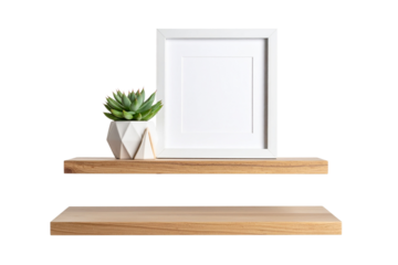 Minimal Floating Wooden Shelf with Modern Decor Pieces, PNG Transparent Background