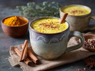 Hot turmeric latte with cinnamon stick