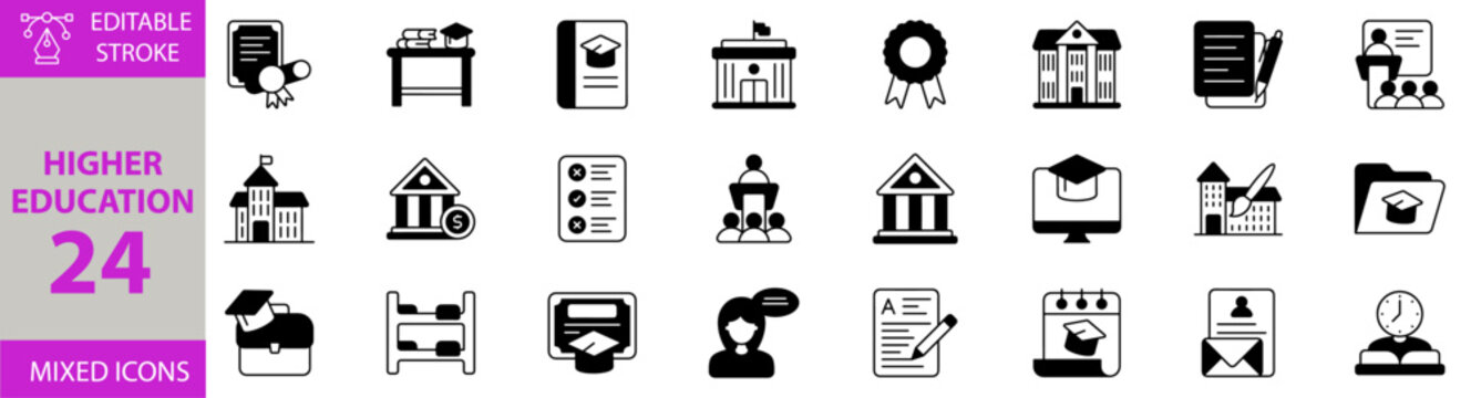 Higher Education icon set. Containing Vector pictograms of bag, education, exam, teacher, dormitory, collage, course, seminar, degree, table, school and more editable icons. Victor Illustration.