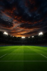 Fototapeta premium A majestic stadium view featuring a vibrant green field and dramatic, colorful sunset sky at dusk.