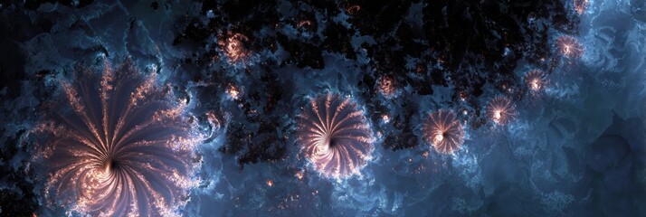 Cosmic swirls of orange and blue light illuminate a dark nebula