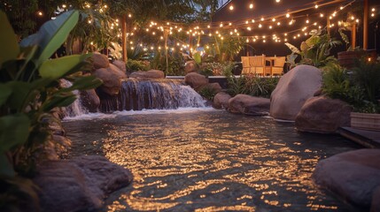 Twilight Scene with Waterfalls and Lush Decor