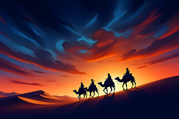 Naklejka premium Wild animal caravan in desert mountain sunset silhouette