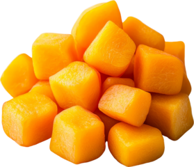 Chunks of vibrant orange mango arranged in a pile. Raw material.