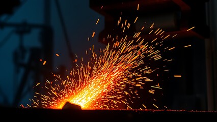 Glowing molten metal with sparks, showcasing industrial power and dynamic energy.