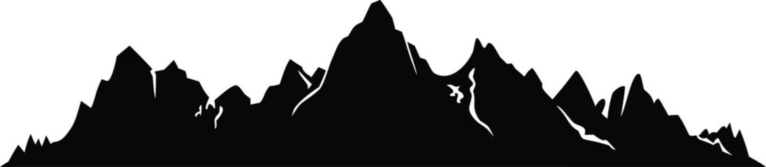 A stark black silhouette of a majestic mountain range against a transparent backdrop
