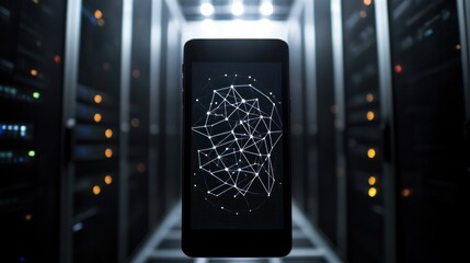 Smartphone in server room, network graphic