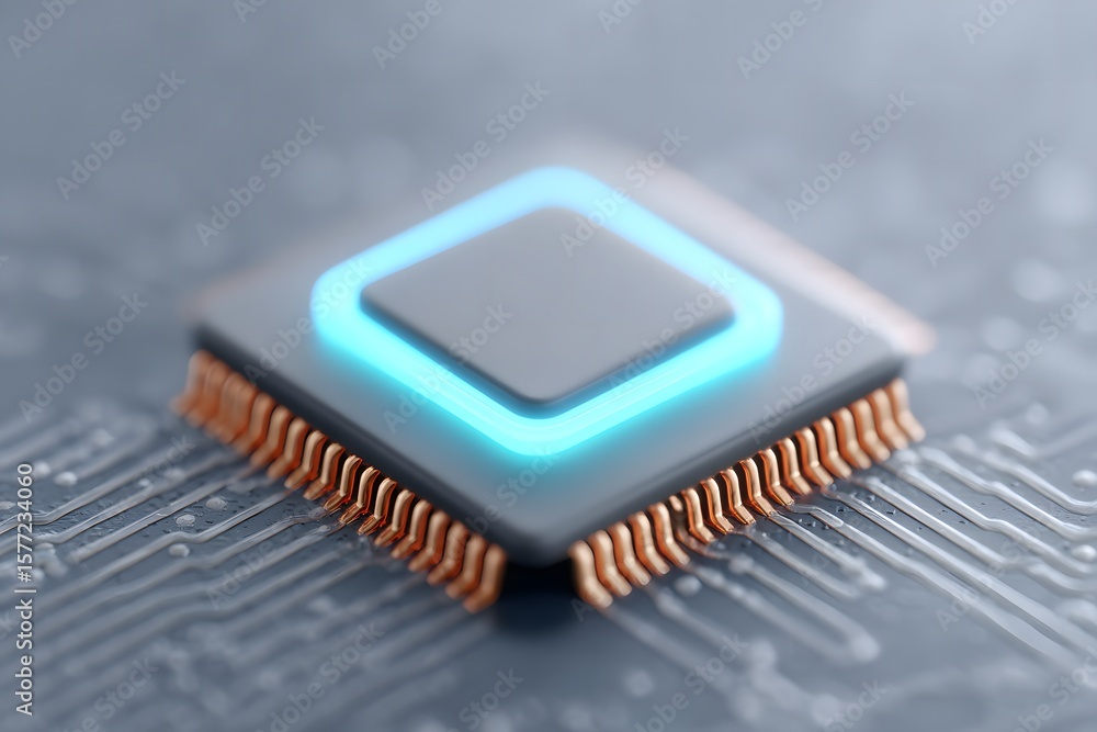 Poster close-up of a microchip with illuminated blue light on circuit board
