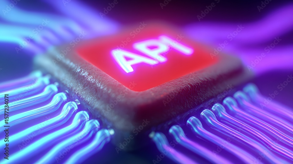 Poster api chip with neon circuitry: futuristic technology visualization