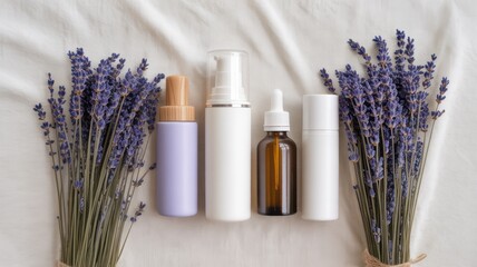 Cosmetic bottles displayed with lavender flowers on a white fabric background in a flat lay style