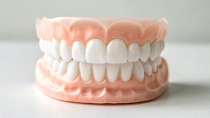 Obraz premium Realistic dental model displaying a full set of healthy teeth and pink gums, commonly used for patient education or demonstrating oral hygiene techniques in a dental setting