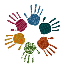 Colorful patterned handprints in a circle design