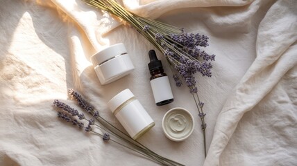 Overhead shot of skincare products with lavender flowers on a white fabric background in soft light