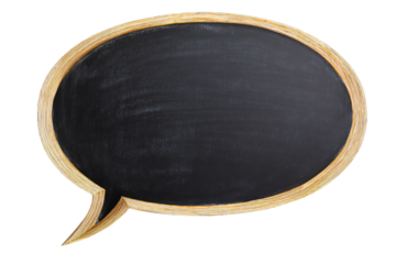 a blackboard with a wooden frame and a speech bubble