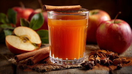 Glass of fresh apple cider with cinnamon stick