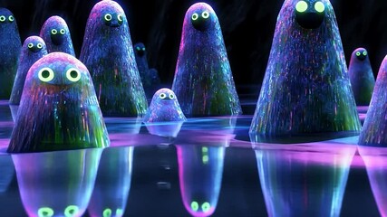 Shiny, colorful creatures reflected in a liquid surface - Powered by Adobe