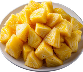 Freshly cut pineapple chunks in a white bowl. Raw material.