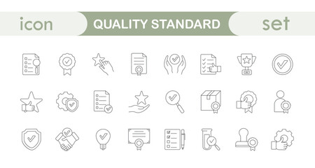A set of linear icons on the topic of quality standards.