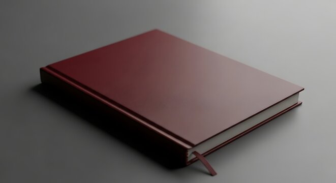 Elegant close-up of a maroon hardcover book with a ribbon bookmark on gray background