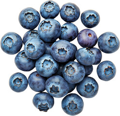 Fresh blueberries clustered together in a vibrant arrangement. Raw material.