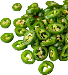 Freshly sliced green jalapeno peppers. Raw material.