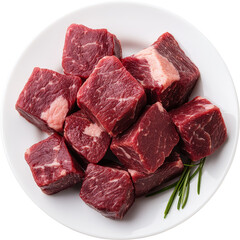 Chunks of raw beef on a plate. Raw material.