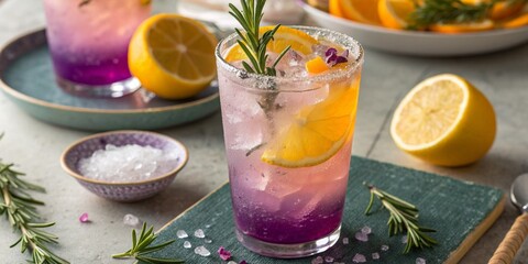 lavender citrus summer mocktail with ice and rosemary