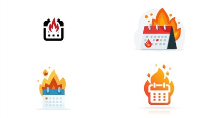Obraz premium Burning calendar icons; deadline, urgency, time management, fire, schedule, important date, hot, fiery, calendar on fire, vector graphics, design elements, 
