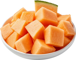 Cubes of orange fruit in a white bowl. Raw material.