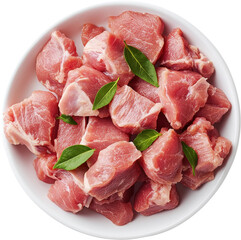 Raw meat pieces garnished with leaves. Raw material.