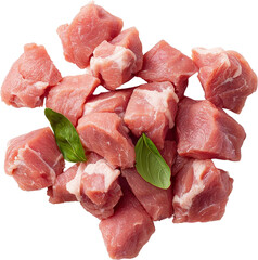 Chunks of dried meat with green leaves. Raw material.