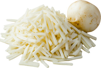 Shredded radish with a whole radish beside it. Raw material.