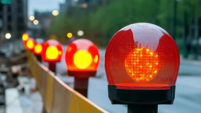 Bright construction lights illuminate a rainy street in a busy urban area during the evening rush hour, signaling drivers to proceed with caution