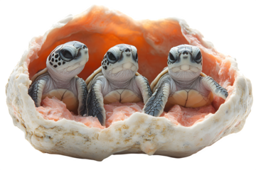 Baby sea turtles hatching at golden hour, conservation-themed isolated on white