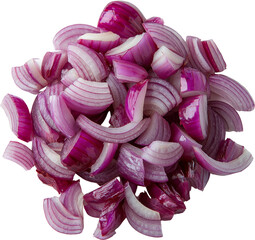 Chopped red onions arranged in a pile. Raw material.