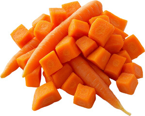 Piled orange carrots in various shapes and sizes. Raw material.