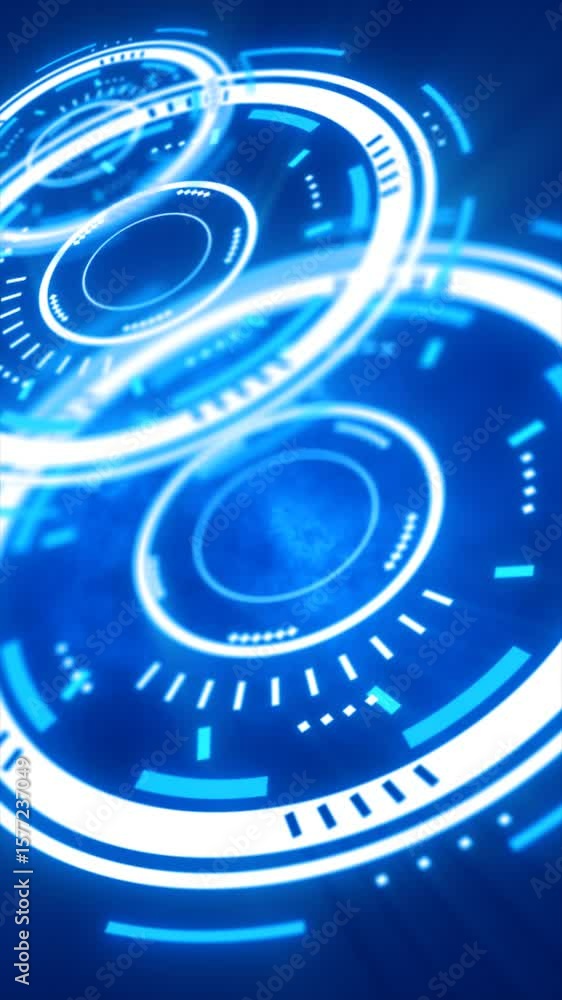 Poster high-tech digital interface with concentric glowing circles and data elements, simulating a futurist