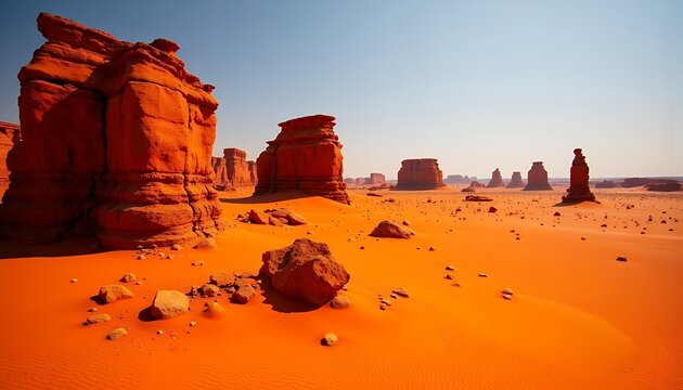 Vast Orange Sahara Desert Landscape with Red Rock Formations Under Bright Sunlight