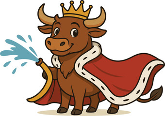 Royal bull king character cartoon illustration, red cape crown hose spraying water, cute fun animal design for kids content