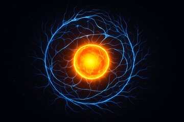 Fototapeta premium Neural Pattern Orbiting Glowing Synthetic Core – Abstract Visualization of Artificial Neural Activity