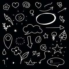 Chalk Style Hand Drawn Doodles Set on Dark Background. Arrows, Hearts, Stars, Flowers and Fun Elements. Vector illustration.